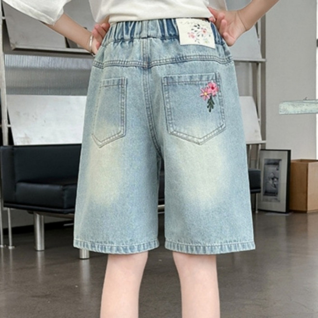 EYOUMONG 基本版型高腰花朵刺繡牛仔短褲 E6H212
