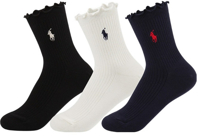 POLO RALPHLAUREN 女款蕾絲邊中筒襪3雙組