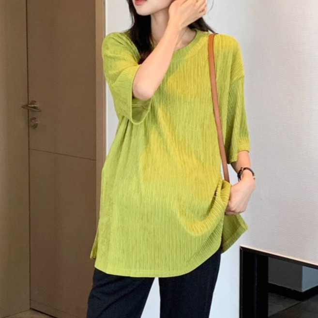 I CAN SIMPLE Yoryu褶皺透氣寬鬆版型孕婦長版T恤