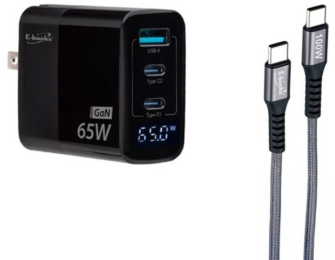 E-books B122 數顯65W GaN氮化鎵+100W CC快充傳線組, 黑色, 1個