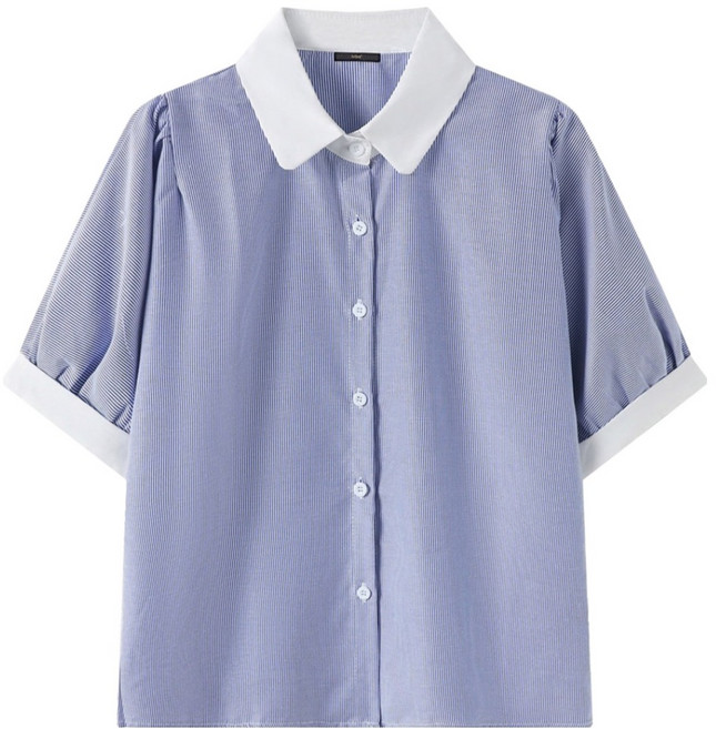 LESHOP 女款條紋翻領泡泡袖短袖襯衫 DQ2BA021A
