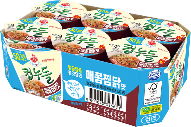 오뚜기컵누들 LIGHT&JOY 당을 줄인 컵누들 매콤찜닭맛 45g, 6개
