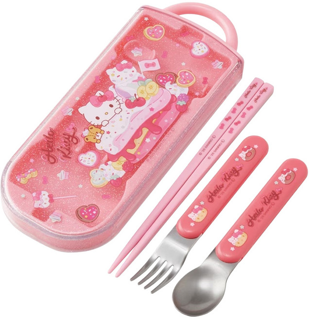 Skater KITTY FANCY 餐具3件組, 粉色, 1套, 筷子 + 叉子 + 湯匙 + 收納盒