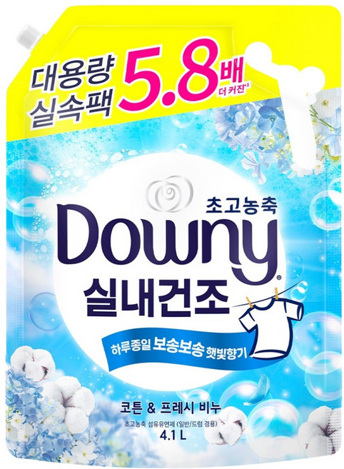 다우니 실내건조 초고농축 섬유유연제 코튼 & 프레시 비누 리필, 4.1L, 1개