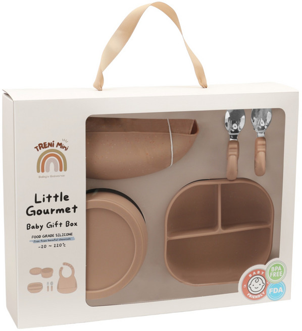 TRENi Mini Little Gourmet 矽膠餐具禮盒, 奶茶色, 1套, 餐盤 + 碗 + 蓋子 + 叉子 + 湯匙 + 圍兜