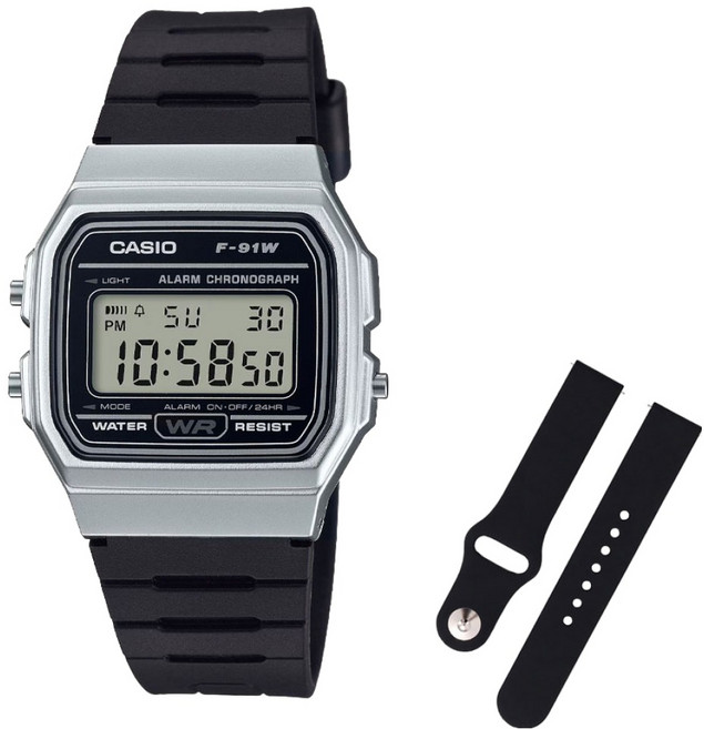 CASIO 卡西歐 復古電子錶 + 矽膠錶帶組 F-91WM-7A