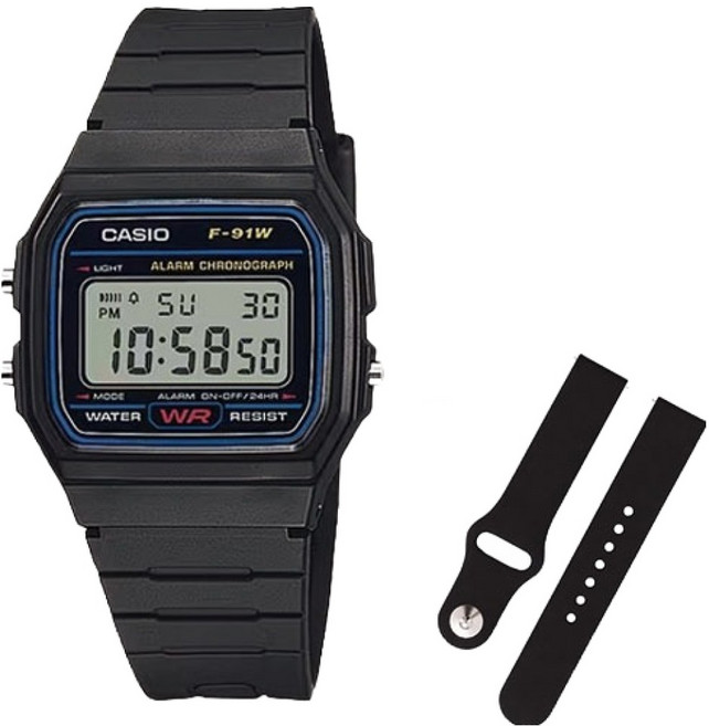 CASIO 卡西歐 復古電子錶 + 矽膠錶帶組 F-91W-1D