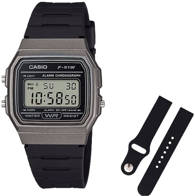 CASIO 卡西歐 復古電子錶 + 矽膠錶帶組 F-91WM-1B