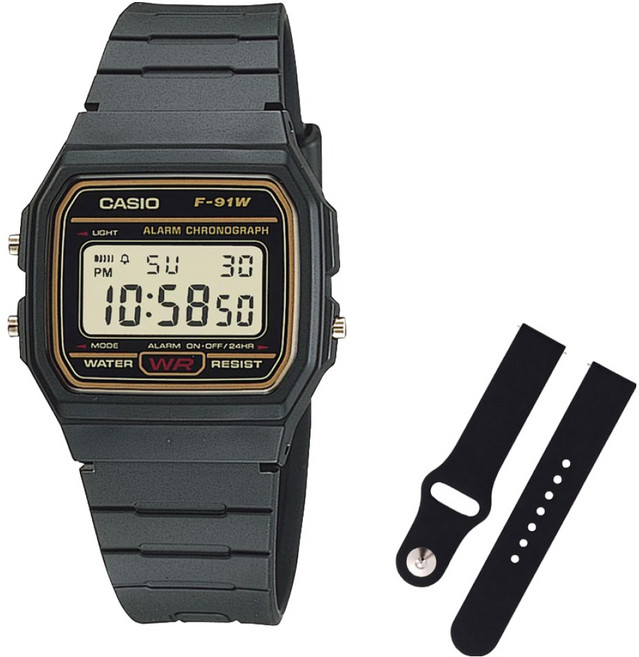 CASIO 卡西歐 復古電子錶 + 矽膠錶帶組 F-91WG-9S