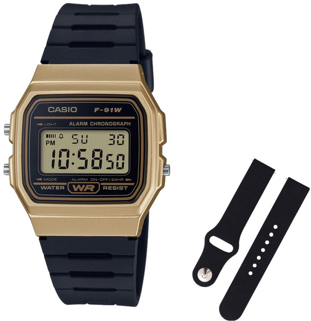 CASIO 卡西歐 復古電子錶 + 矽膠錶帶組 F-91WM-9A