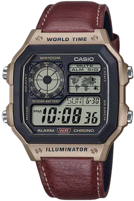 CASIO 卡西歐 皮革錶帶數位手錶 AE-1200WHL-5A