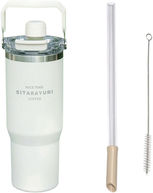 Sitarayuri 二代磁吸手提保溫杯 附彈跳粗吸管 + 吸管刷, 白色, 1個, 900ml