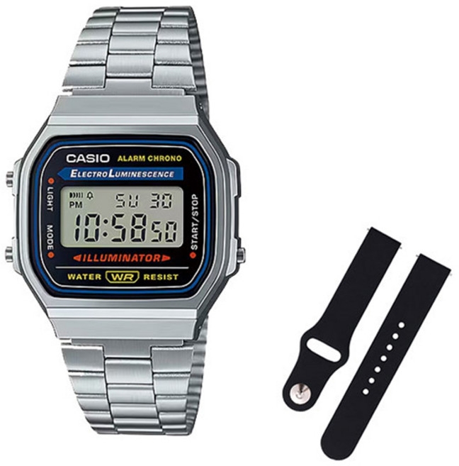 CASIO 卡西歐 復古金屬電子錶 + 矽膠錶帶組合 A168WA-1U