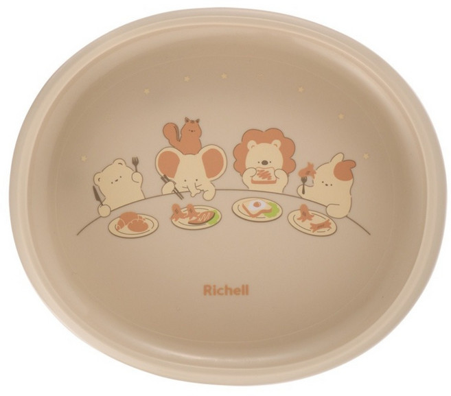 Richell 利其爾 T.L.I 嬰幼兒好舀取餐盤 M 動物小插圖, 淺咖啡色, 1個