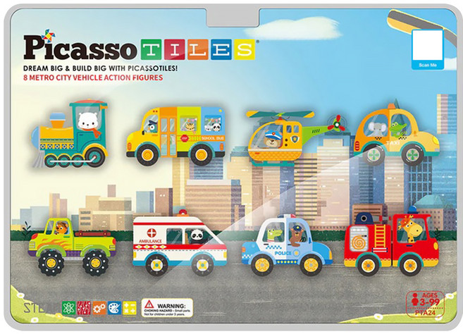 PicassoTILES 畢卡索 城市主題磁性積木汽車公仔8件組 PTA24, 混和顏色, 1套