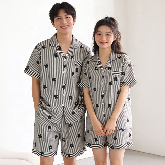 파란 커플용 시원한 모노블룸 요루면 스트라이프 반팔잠옷 상하의 세트