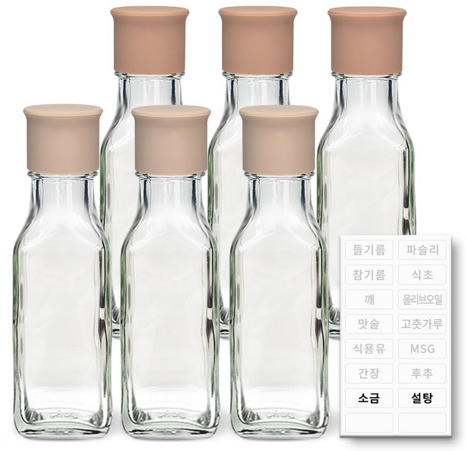 헥사 실리콘뚜껑 꾹꾹 사각 오일병 투명 6p + 투명 라벨 양념, 1개, 75ml