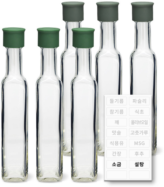 헥사 꾹꾹 실리콘뚜껑 사각 오일병 투명 250ml 2종 x 3p + 투명 라벨 세트 샐러드타입, 1세트