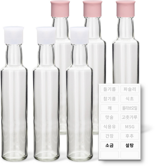 헥사 꾹꾹 실리콘뚜껑 원형 오일병 투명 250ml 2종 x 3p + 투명 라벨 세트 디저트타입, 1세트