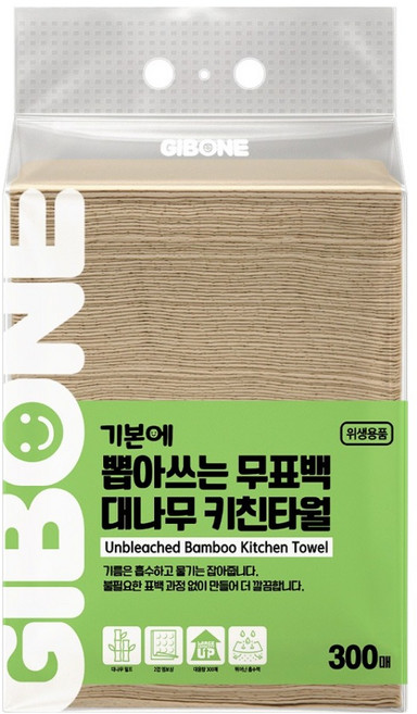 기본에 뽑아쓰는 무표백 대나무 키친타올, 1개, 300개입