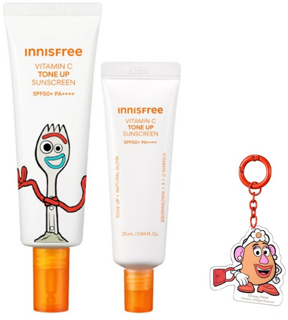 INNISFREE 維他命C亮白潤色防曬霜組 玩具總動員限定版 台灣公司貨 SPF50+ PA++++ 附鑰匙圈 款式隨機, 2件, 75ml