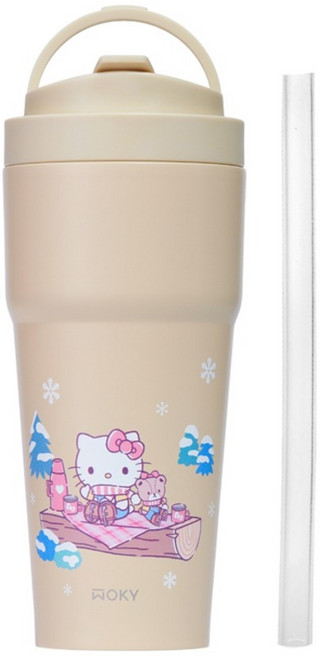WOKY 沃廚 三麗鷗聯名款 雙層陶瓷渾圓杯 附矽膠粗吸管, 奶茶色 冬季Kitty, 1個, 750ml
