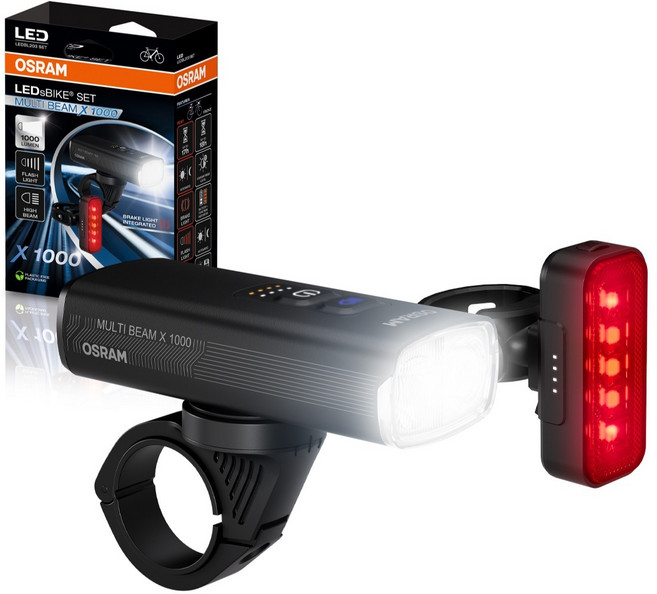 오스람 충전식 LED 자전거 MULTI BEAM X 1000 전조 후미등 세트, 블랙, 1세트
