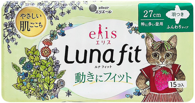 elleair 艾黎艾爾 elis 愛麗思 Luna fit 加長型衛生棉 護翼型, 1套, 15片, 27cm