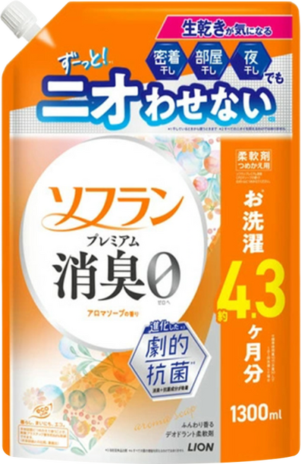 LION 獅王 Soflan 強力消臭柔軟精 橘色皂香 補充包, 1個, 1.3L