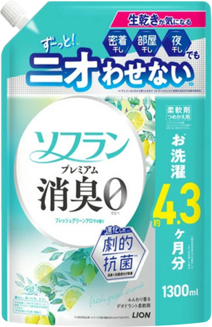 LION 獅王 Soflan 強力消臭柔軟精 清新綠香 補充包, 1個, 1.3L
