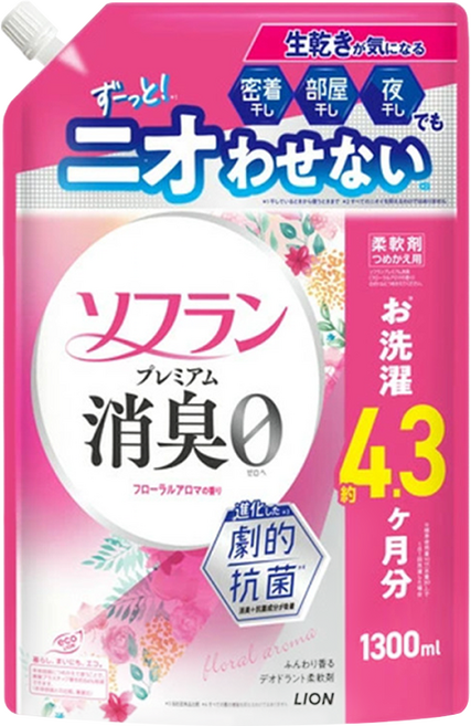 LION 獅王 Soflan 強力消臭柔軟精 粉色花香 補充包, 1個, 1.3L