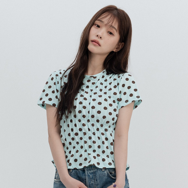 하이스쿨디스코 여성용 도트 라인 셔링 숏 슬리브