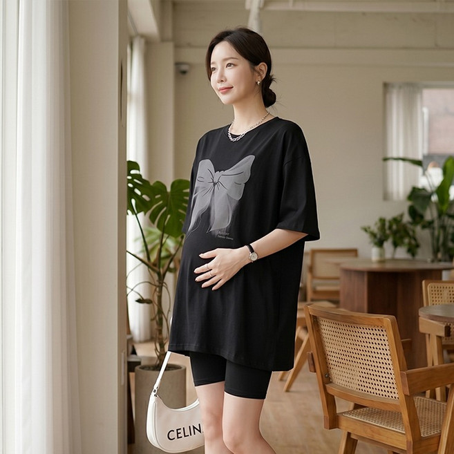 인피어스 리본프린팅 임산부 빅사이즈 반팔 티셔츠 I263-0362