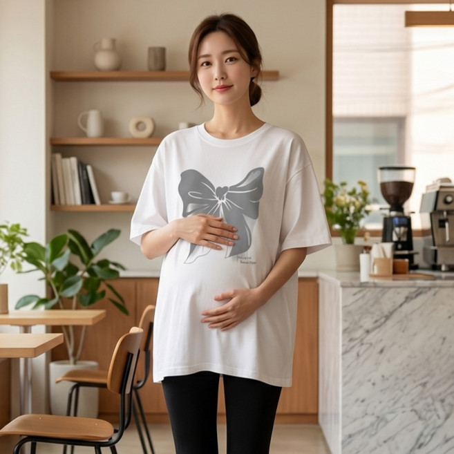 인피어스 리본프린팅 임산부 빅사이즈 반팔티셔츠 I263-0362W