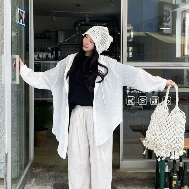 時尚黑 女款 奇諾科 寬鬆版型 罩衫 透膚 連帽襯衫 cpnb3385k64