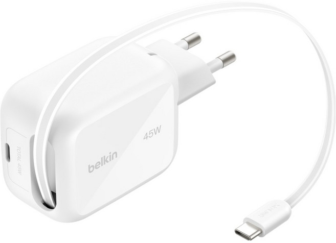 벨킨 울트라차지 45W USB to C 릴 케이블 일체형 PD 3.1 GaN PPS 초고속 충전기 WCH023krWH, 화이트, 1개
