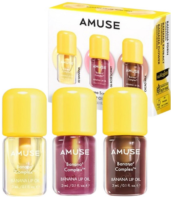 AMUSE 바나나 립 오일 미니 트리오 세트 9ml, 1세트, 2 바나나, 6 로즈 소르페, 초코우유