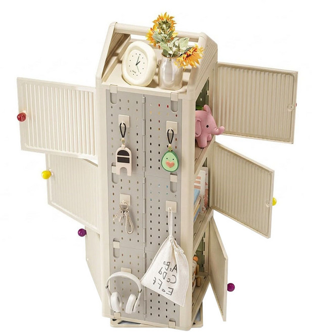 AOTTO 創意傢俱 小屋洞洞板置物旋轉收納書架 AC-217, 奶油色, 3層