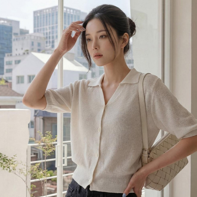 Pipin 女款亞麻翻領短袖針織衫 113005