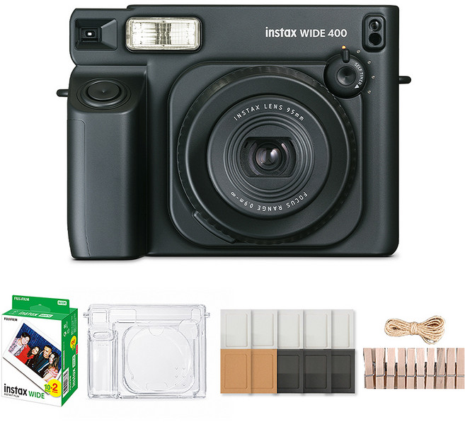FUJIFILM 富士 instax Wide 400 相機 + 20張底片 + 透明保護殼 + 紙相框 + 木質裝飾套組, 1套, 曜石黑