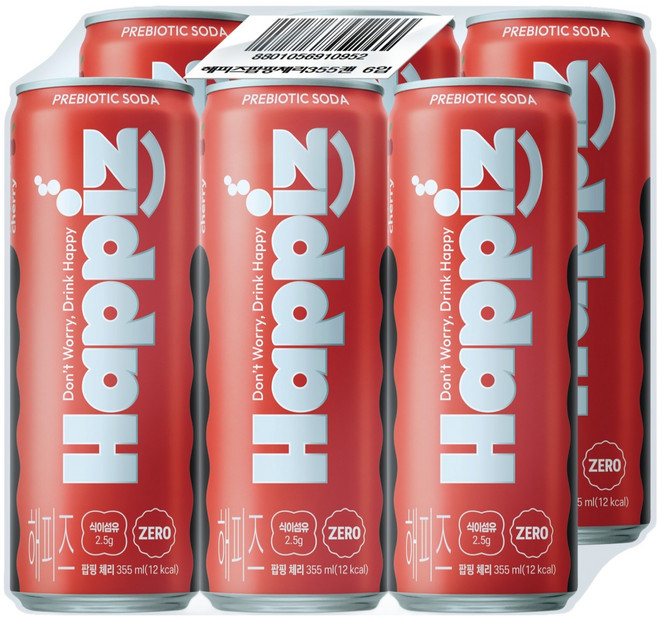 롯데칠성음료 해피즈 탄산음료 팝핑체리, 6개, 355ml