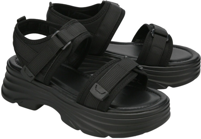 SHOOPEN 女款厚底雙帶網眼涼鞋 5.5公分 HPWWNGS509, 250, 19 BLACK