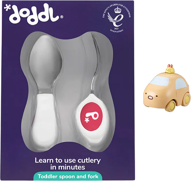 doddL 秒拾餐具 人體工學兒童學習餐具2件組 + 角落生物迴力車 款式隨機, 草莓紅, 1套, 湯匙 + 刀叉