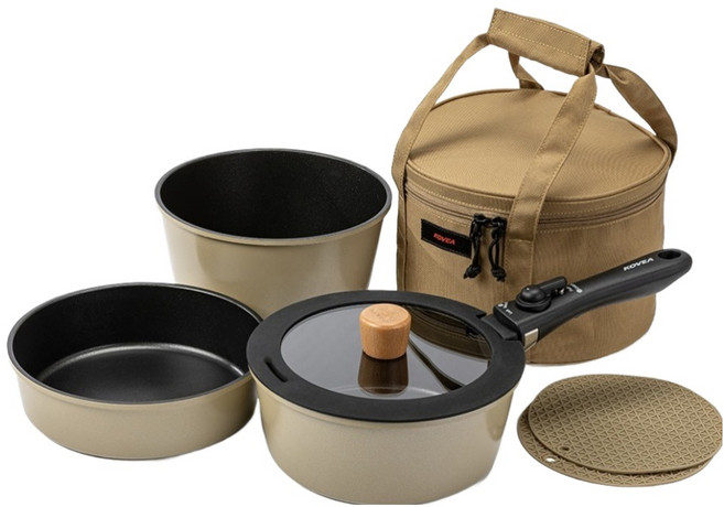 KOVEA Bonita 陶瓷廚具鍋具組, 沙色, 1套, 鍋具 + 炒鍋 + 平底鍋 + 鍋蓋 + 握把 + 鍋墊 2入 + 收納盒