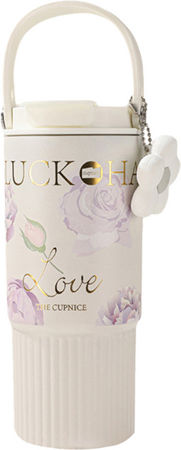 THE CUPNICE 繁花手提陶瓷覆層咖啡杯 大容量雙飲保溫杯 泡茶杯 保溫保冷 馬克杯, 白色, 1個, 800ml