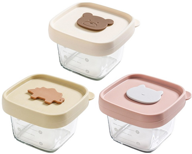 주니 이유식 유리 소분용기 3종 세트, 곰돌이, 고양이, 공룡, 1세트, 150ml