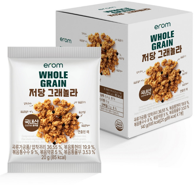 이롬 WHOLE GRAIN 저당 그래놀라, 7개, 20g