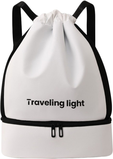 Traveling light 乾濕分離健身包/游泳瑜伽雙肩包/抽繩收納包/沙灘防水旅行包, 白黑色, 1個