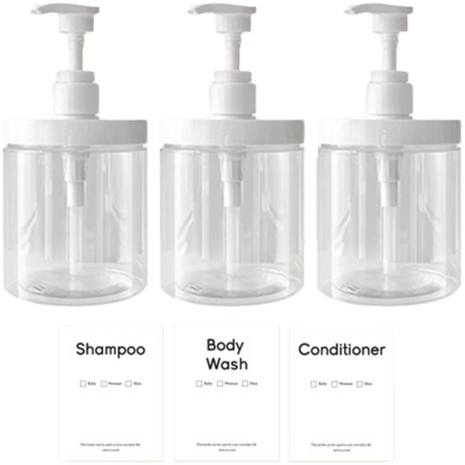 뉴앤룩 협력 와이드 욕실 샴푸 디스펜서 핸드워시 리필용기 500ml x 3p + 라벨스티커 3종 세트, 투명(리필용기), 1세트