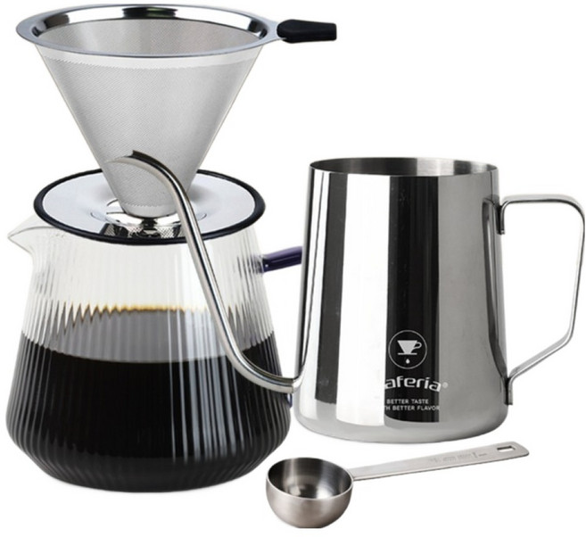 카페리아 핸드드립 홈카페 세트, 1세트, 스텐필터 + 커피서버 + 계량스푼 + 드립피쳐, 600ml